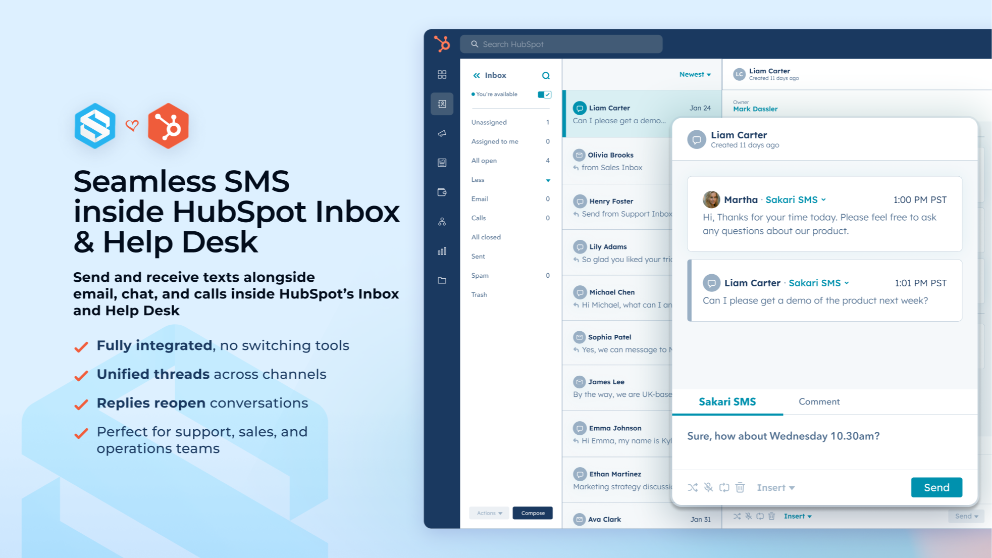 Native SMS inside HubSpot Inbox